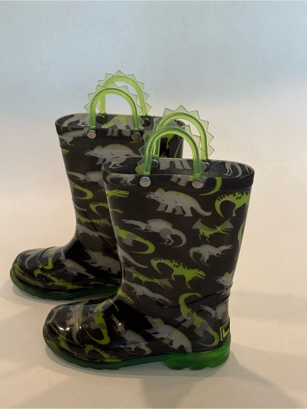 Western Chief Wade Dino Light Up Rain Boots Boys Size 11 Dinosaur Black Green